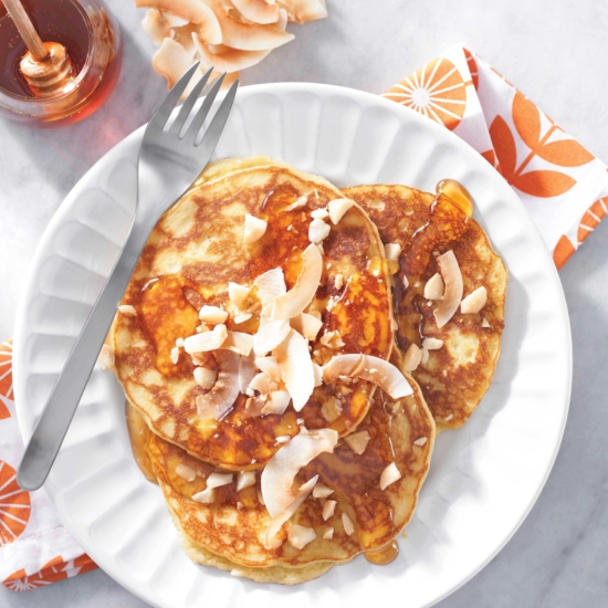 Macadamia Nut Coconut Pancakes plated cropped